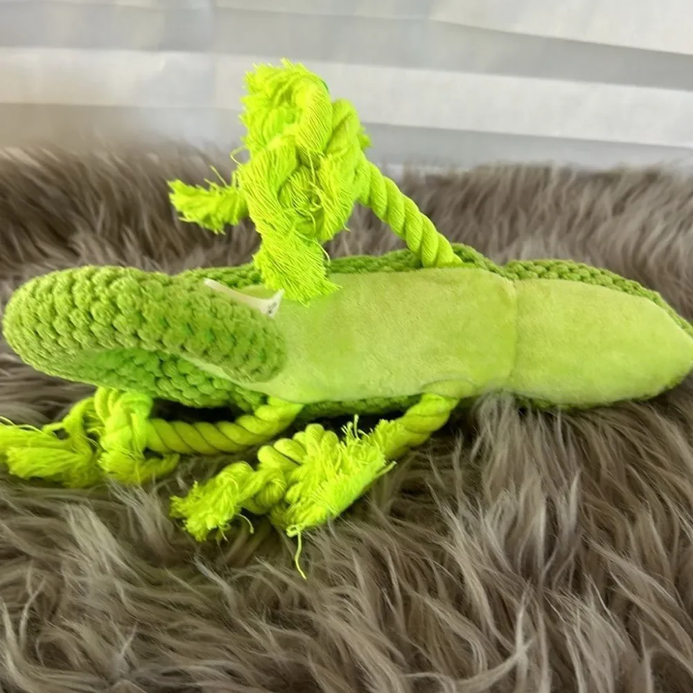 Green Iguana Plush Dog Toy with Rope Attachments Durable Squeaky Pet Chew